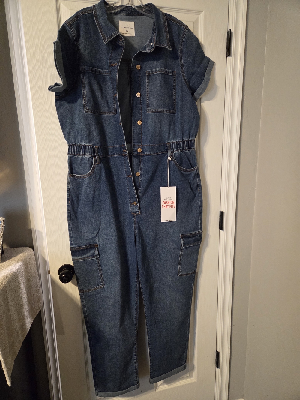 Celebrity Pink Blue Denim Short-Sleeve Utility Jumpsuit
